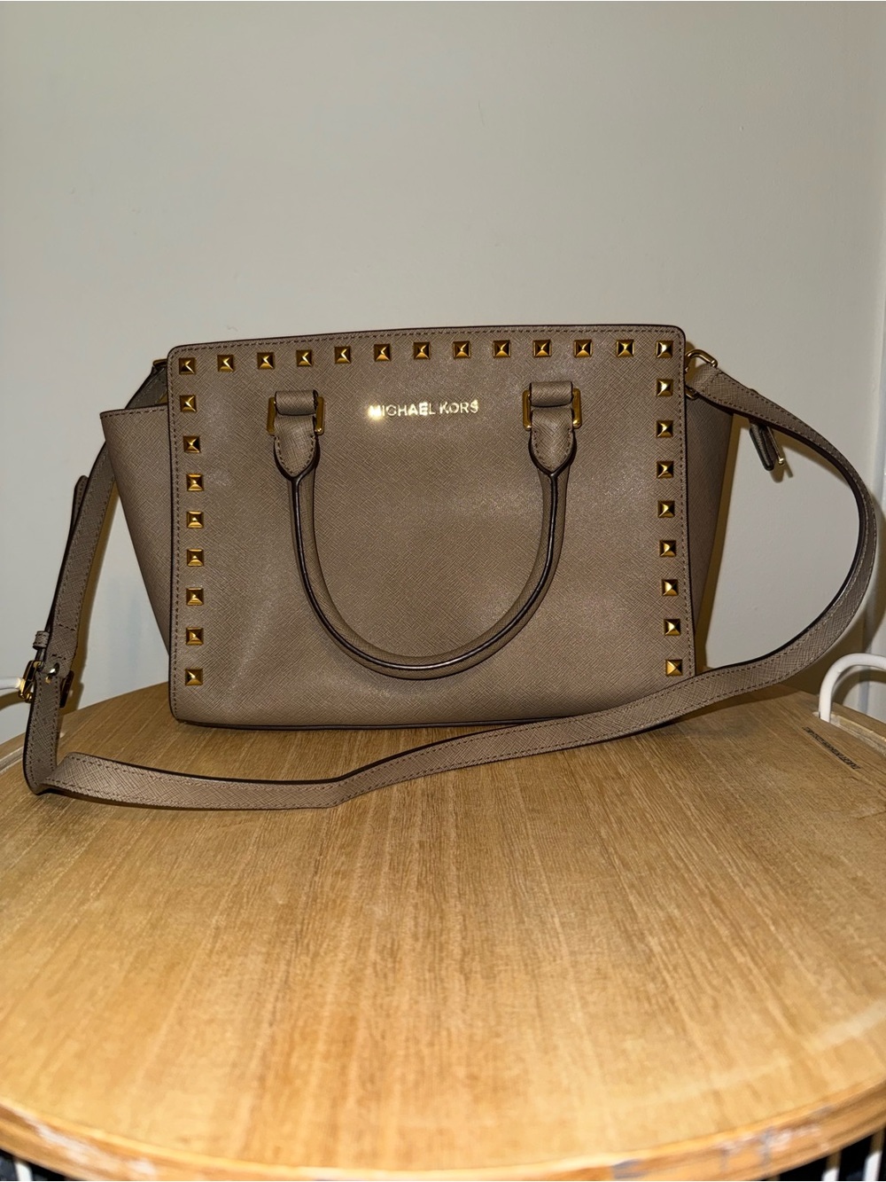 Michael Kors Taupe Saffiano Leather with Gold Stud Accents